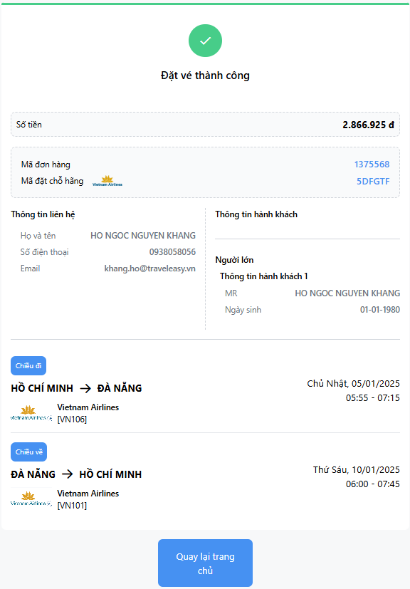 Đặt vé thành công